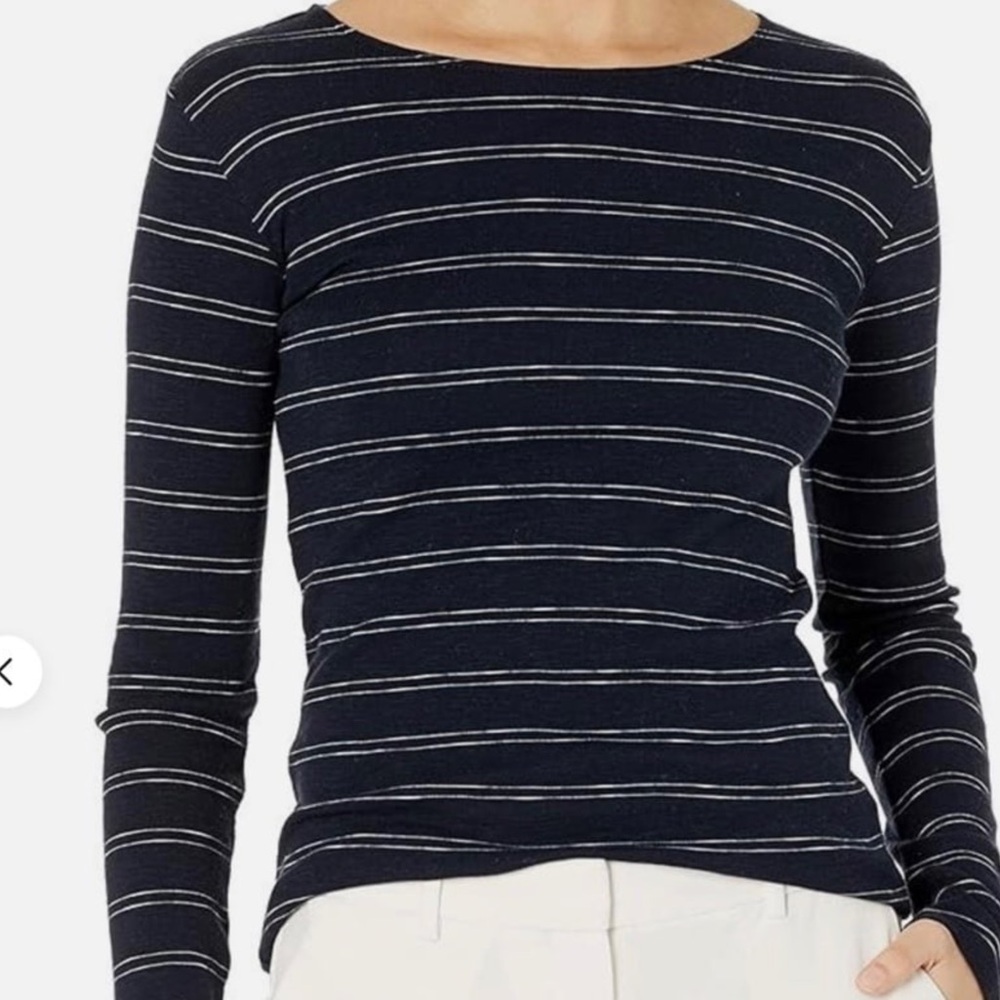 Vince Womens Fitted Striped Long Sleeve Shirt Knit Top Navy White Sweater
